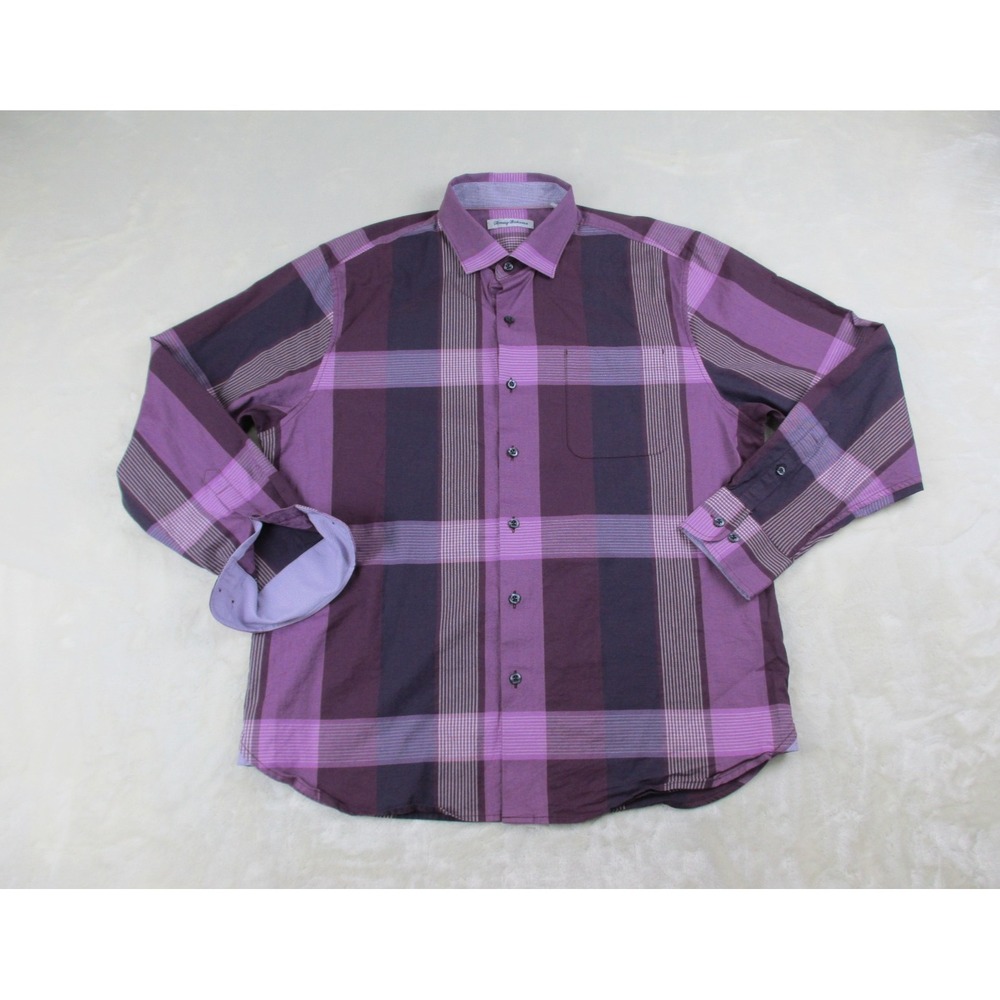 Tommy Bahama Shirt Mens Large Purple Plaid‎ Button Up Flip Cuff Long Sleeve